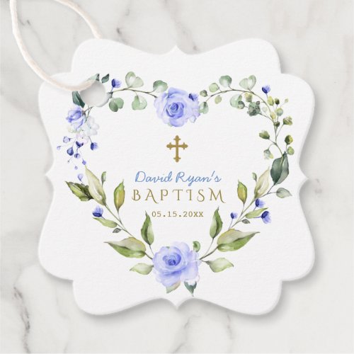 Elegant Watercolor Blue Flowers Gold Cross Baptism Favor Tags