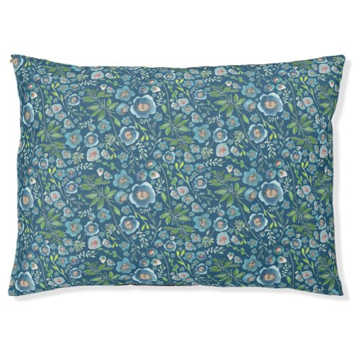 Elegant Watercolor Blue Flowers Greenery Floral Pet Bed