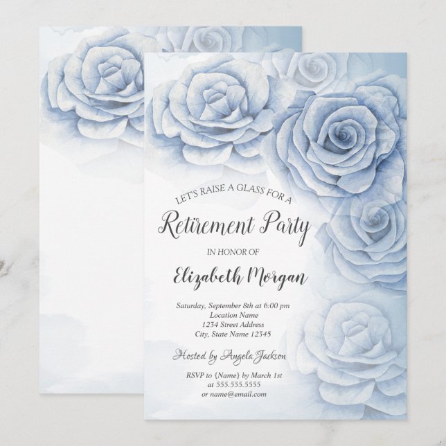 Elegant Watercolor Blue Flowers Retirement  Invitation (Front/Back)