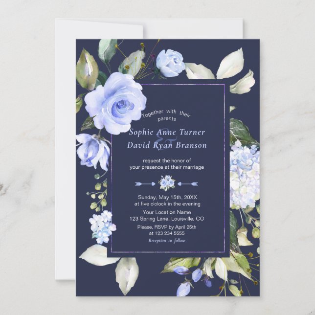 Elegant Watercolor Blue Flowers Wedding Invitation (Front)