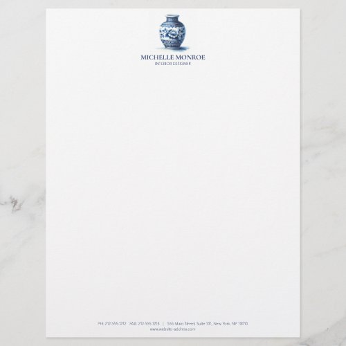 Elegant Watercolor Blue Ginger Jar Interior Design Letterhead