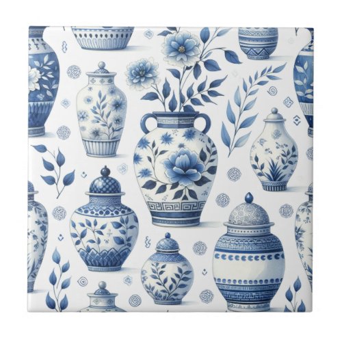 Elegant Watercolor Blue Ginger Jar Pattern Ceramic Tile