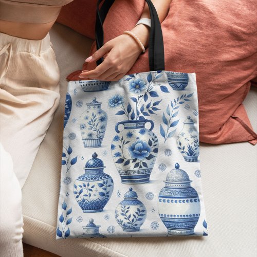 Elegant Watercolor Blue Ginger Jar Pattern Tote Bag