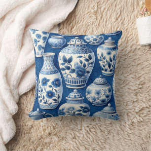 Elegant Watercolor Blue Ginger Jars Pattern Throw Pillow