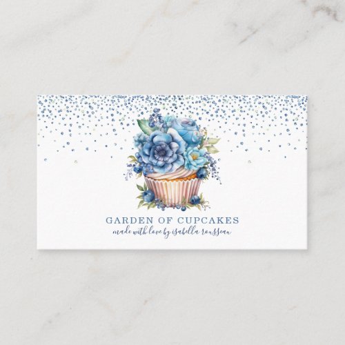 Elegant Watercolor Blue Glitter Floral Cupcake Business Card