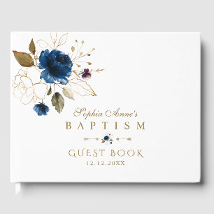 Elegant Watercolor Blue Gold Flowers Baptism Guest Book