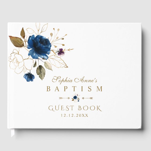 Elegant Watercolor Blue Gold Flowers Baptism Guest Book (Front)