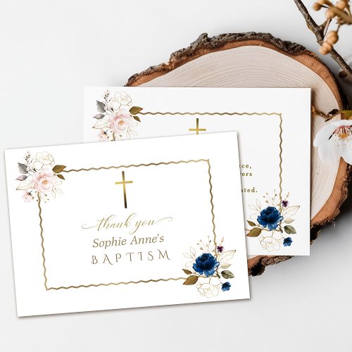 Elegant Watercolor Blue Gold Flowers Twins Baptism Thank You Card