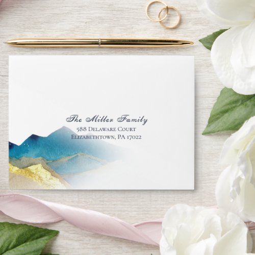 Elegant Watercolor Blue Gold Foil Mountain Wedding Envelope