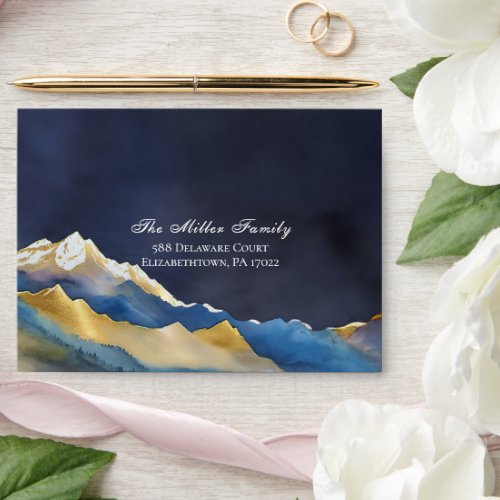 Elegant Watercolor Blue Gold Foil Mountain Wedding Envelope