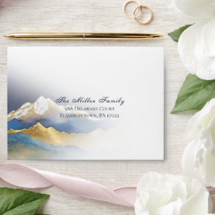 Elegant Watercolor Blue Gold Foil Mountain Wedding Envelope