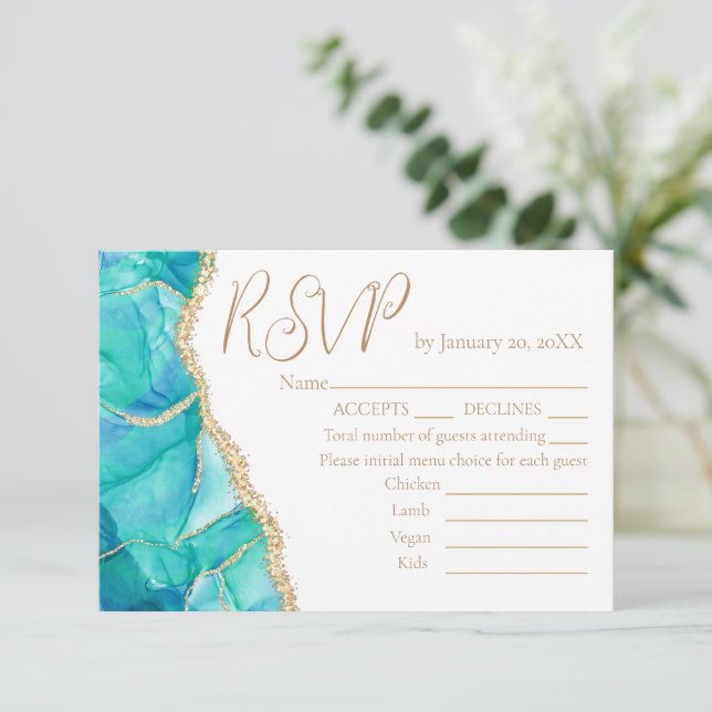 Elegant Watercolor Blue Gold Glitter Wedding RSVP Card (Standing Front)