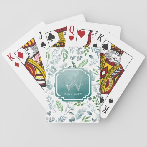 Elegant Watercolor Blue Green Leaves Foliage Poker Cards