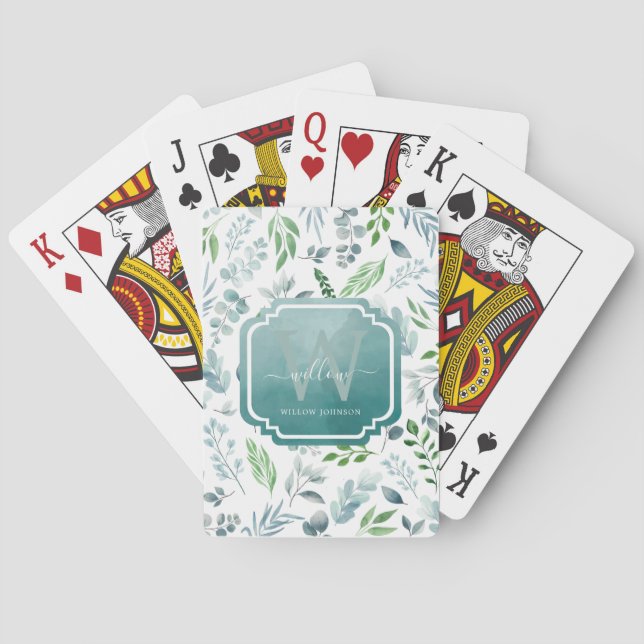 Elegant Watercolor Blue Green Leaves Foliage Poker Cards (Back)