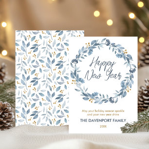 Elegant Watercolor Blue Greenery Wreath Holiday Card