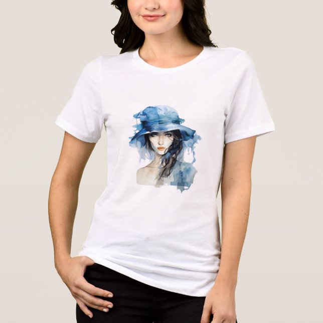 Elegant Watercolor Blue Hat T-Shirt Tri-Blend Shirt (Front)