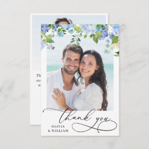 Elegant Watercolor Blue Hydrangea 2 Photo Thank You Card