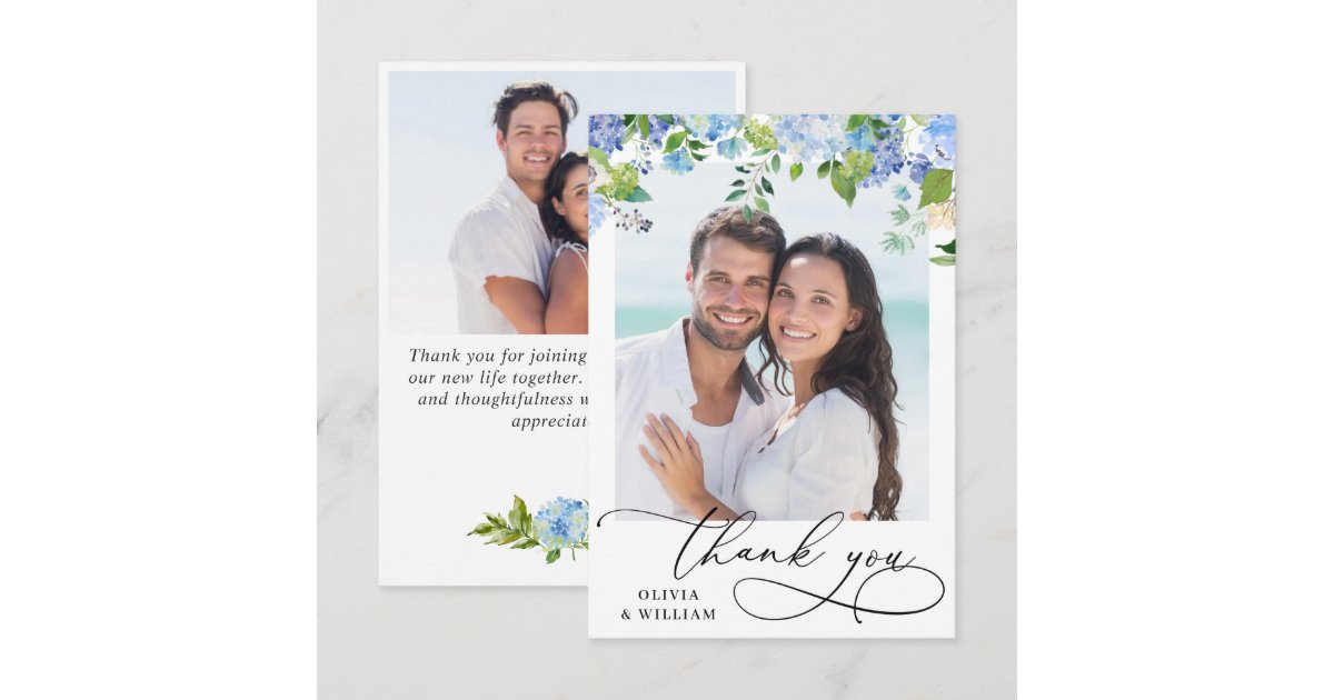 Elegant Watercolor Blue Hydrangea 2 Photo Thank You Card | Zazzle