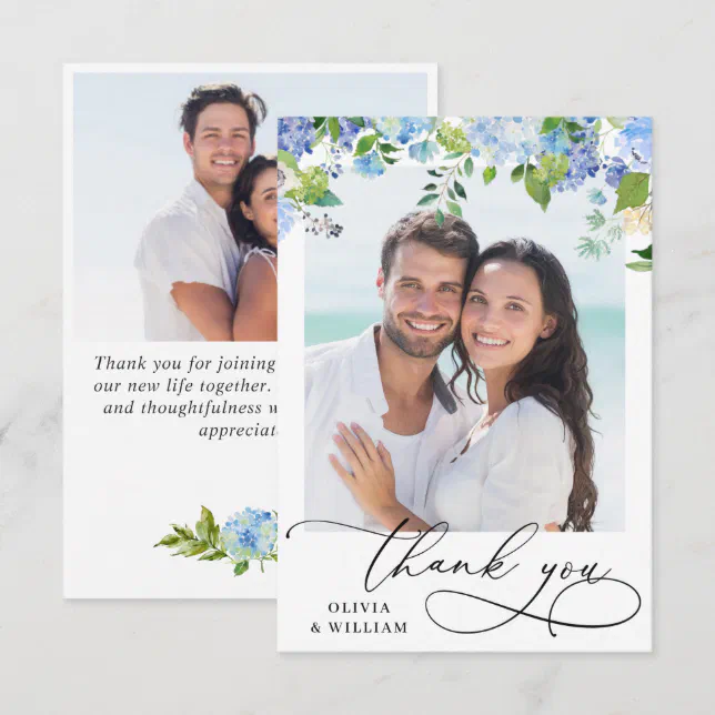 Elegant Watercolor Blue Hydrangea 2 Photo Thank You Card | Zazzle