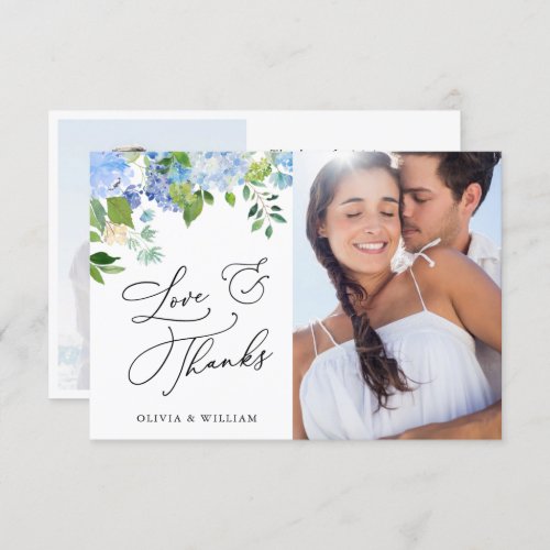 Elegant Watercolor Blue Hydrangea 2 Photo Thank You Card