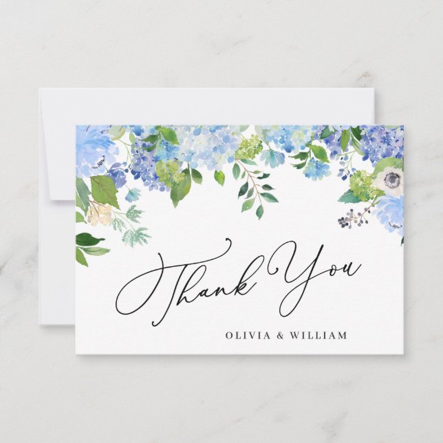 Elegant Watercolor Blue Hydrangea 3 Photo Thank You Card (Front)