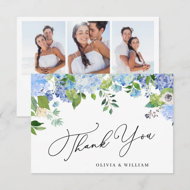 Elegant Watercolor Blue Hydrangea 3 Photo Thank You Card | Zazzle