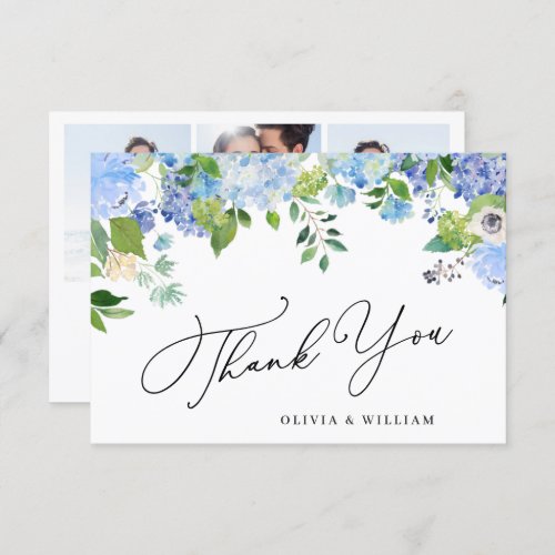 Elegant Watercolor Blue Hydrangea 3 Photo Thank You Card