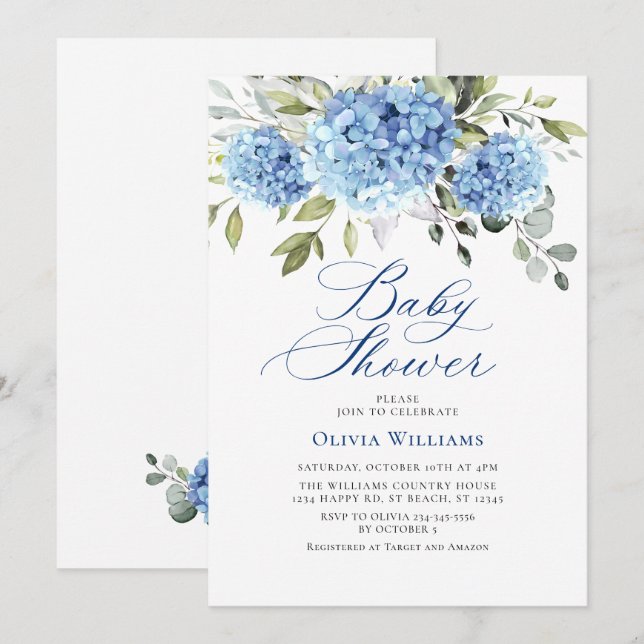 Elegant Watercolor Blue Hydrangea Baby Shower Invitation (Front/Back)
