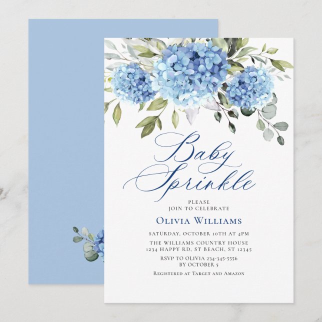 Elegant Watercolor Blue Hydrangea Baby Sprinkle Invitation (Front/Back)