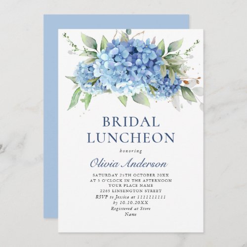 Elegant Watercolor Blue Hydrangea BRIDAL LUNCHEON Invitation
