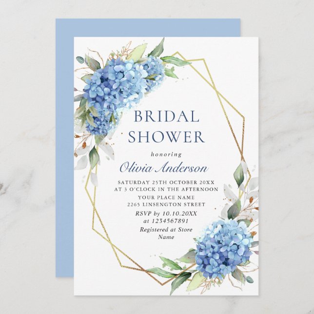 Elegant Watercolor Blue Hydrangea BRIDAL SHOWER Invitation (Front/Back)