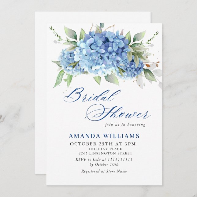 Elegant Watercolor Blue Hydrangea BRIDAL SHOWER Invitation (Front/Back)