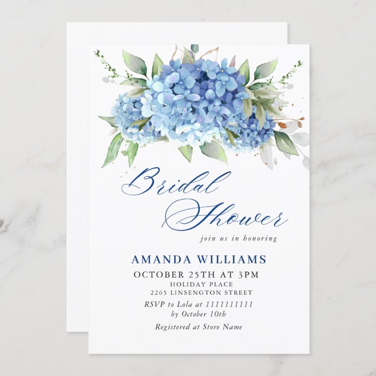 Elegant Watercolor Blue Hydrangea BRIDAL SHOWER Invitation