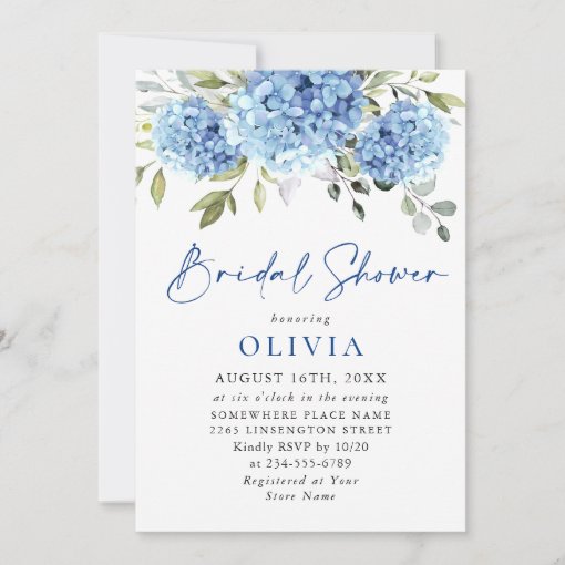 Elegant Watercolor Blue Hydrangea BRIDAL SHOWER Invitation | Zazzle