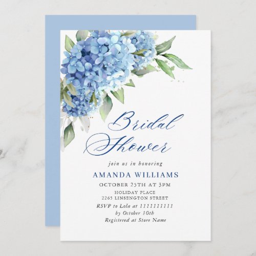 Elegant Watercolor Blue Hydrangea BRIDAL SHOWER Invitation