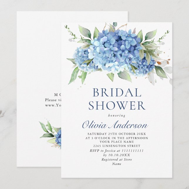 Elegant Watercolor Blue Hydrangea BRIDAL SHOWER Invitation (Front/Back)