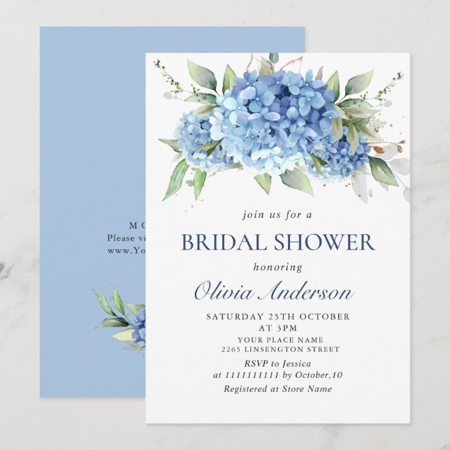 Elegant Watercolor Blue Hydrangea BRIDAL SHOWER Invitation (Front/Back)