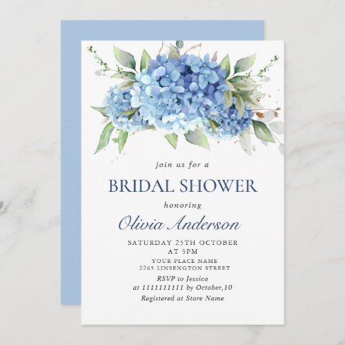 Elegant Watercolor Blue Hydrangea BRIDAL SHOWER Invitation