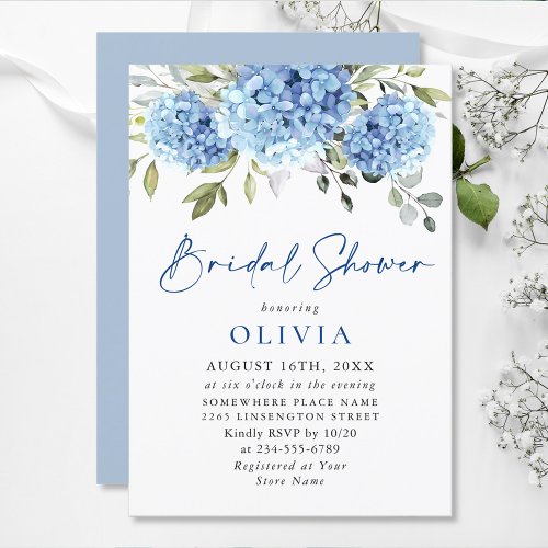 Elegant Watercolor Blue Hydrangea BRIDAL SHOWER Invitation