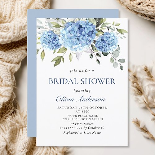 Elegant Watercolor Blue Hydrangea BRIDAL SHOWER Invitation