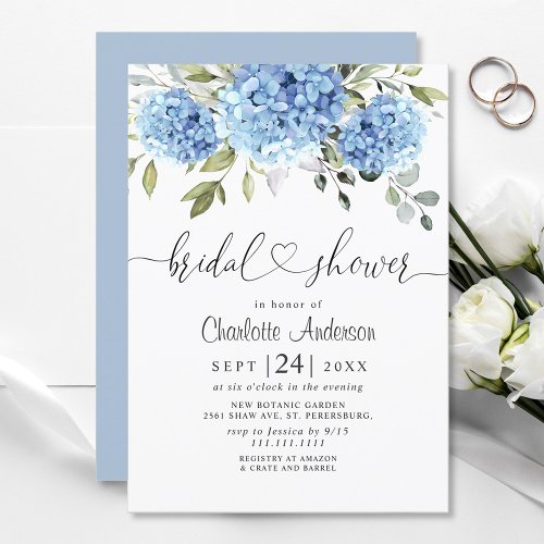 Elegant Watercolor Blue Hydrangea BRIDAL SHOWER Invitation