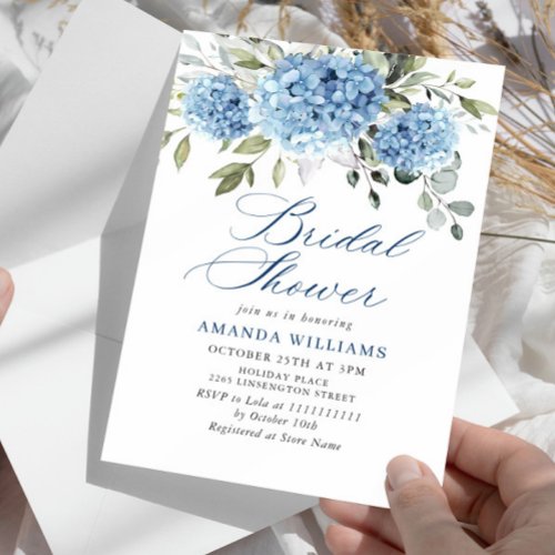 Elegant Watercolor Blue Hydrangea BRIDAL SHOWER Invitation