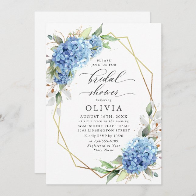 Elegant Watercolor Blue Hydrangea BRIDAL SHOWER Invitation (Front/Back)