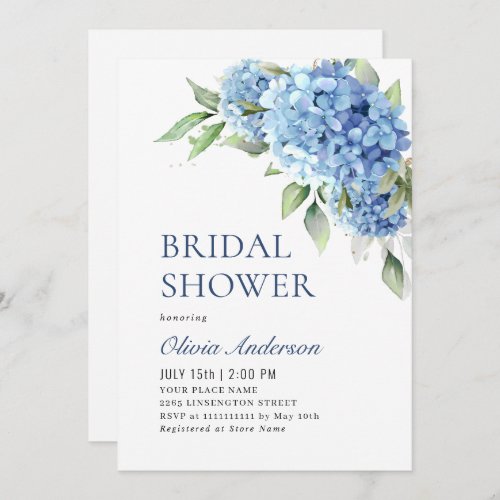 Elegant Watercolor Blue Hydrangea BRIDAL SHOWER Invitation