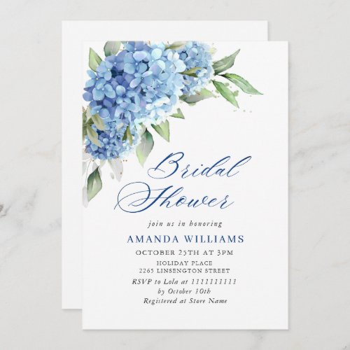 Elegant Watercolor Blue Hydrangea BRIDAL SHOWER Invitation