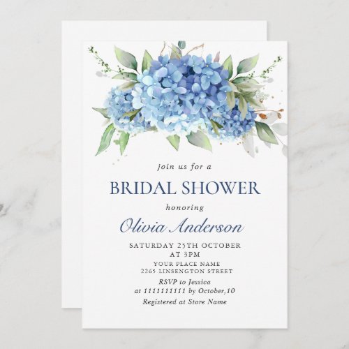 Elegant Watercolor Blue Hydrangea BRIDAL SHOWER Invitation