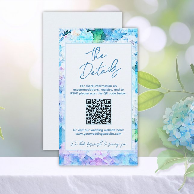 Elegant Watercolor Blue Hydrangea Details QR Code Enclosure Card (Creator Uploaded)