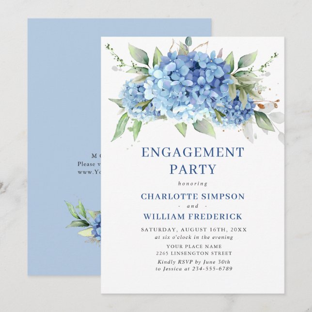 Elegant Watercolor Blue Hydrangea ENGAGEMENT PARTY Invitation (Front/Back)