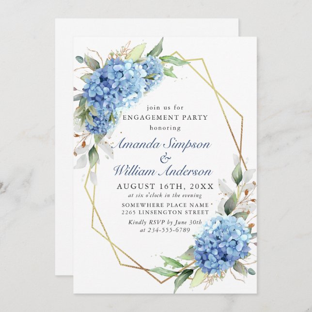 Elegant Watercolor Blue Hydrangea ENGAGEMENT PARTY Invitation (Front/Back)