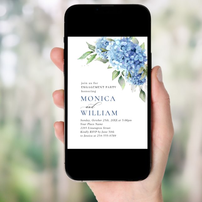 Elegant Watercolor Blue Hydrangea ENGAGEMENT PARTY Invitation (Front Digital)